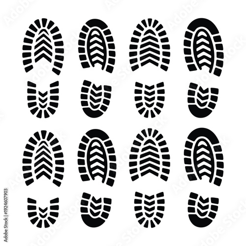 Various Black Shoe and Boot Sole Prints Displaying Different Rugged Tread Patterns