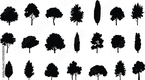 Tree silhouette vector set, various deciduous and conifer tree shapes collection, black nature forest icons isolated white background