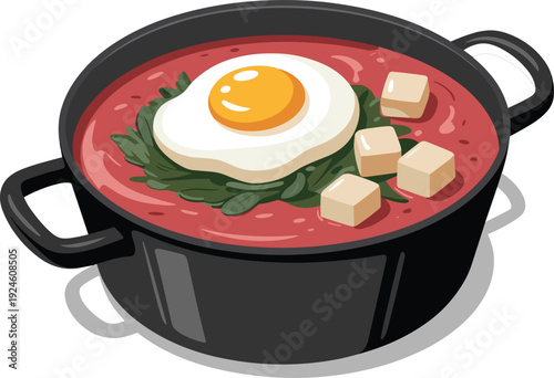 Korean kimchi stew in black pot with fried egg and tofu cubes, traditional spicy soup illustration isolated on white background for menu, recipe, and food design