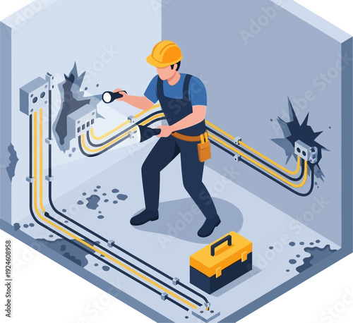 An electrician in a hard hat and overalls inspecting exposed electrical wiring and outlets in a room under renovation.