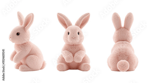 Three pink stuffed bunnies in different poses isolated on a transparent background toys plush