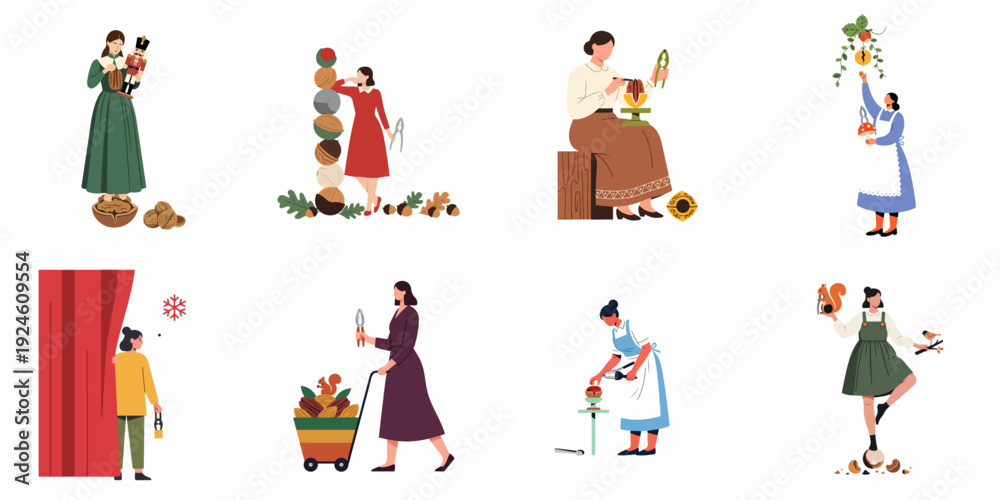Fototapeta premium Diverse women cracking nuts with various tools, surrounded by autumn leaves, winter snowflakes, and festive elements, highlighting traditional activities and craftsmanship.