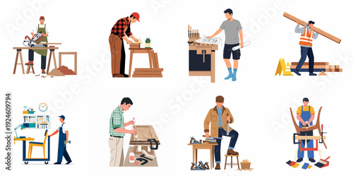 A comprehensive collection of woodworkers and carpenters performing various tasks, illustrating craftsmanship and construction.
