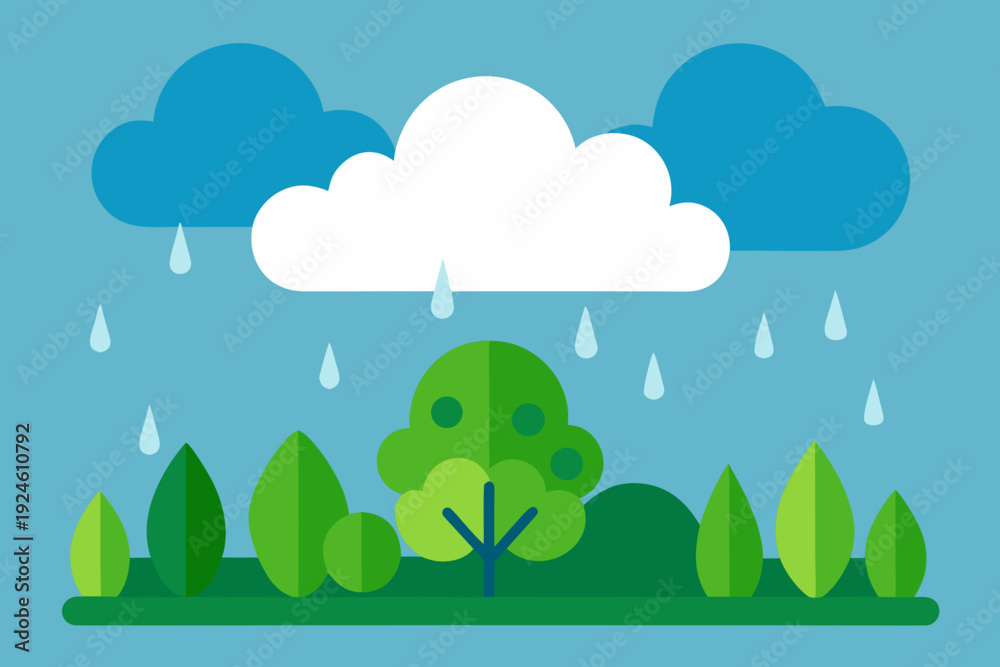 Obraz premium Summer Rainstorm Landscape with Fresh Green Plants and Light Drizzle