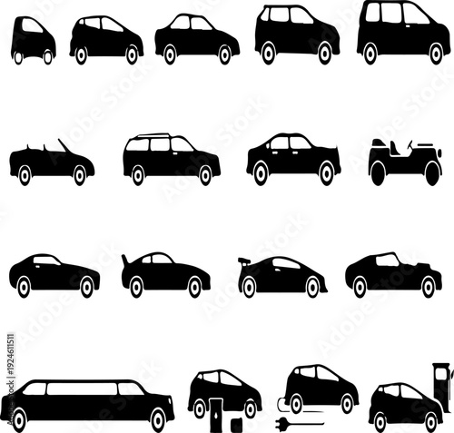 Car vehicle silhouette icon collection. Includes sedan, SUV, hatchback, convertible, limousine, electric car, and classic car symbols. Created in solid black flat style with black palette.
