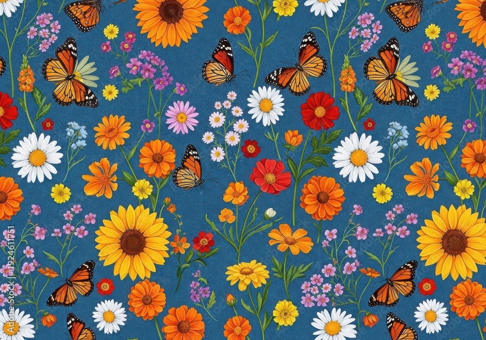 Fototapeta premium Vibrant floral pattern with butterflies on blue background