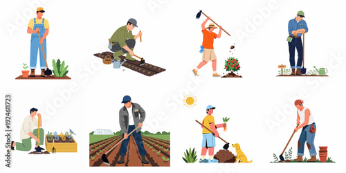 Illustrations of diverse people engaged in gardening and farming tasks, showcasing cultivation, planting, and harvesting in various agricultural settings.