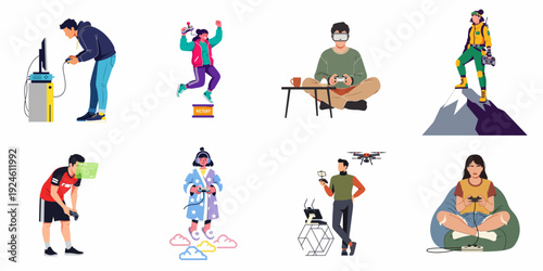 Diverse Individuals Enjoying Modern Digital Gaming, Virtual Reality, Drone Technology, and Interactive Entertainment Experiences.