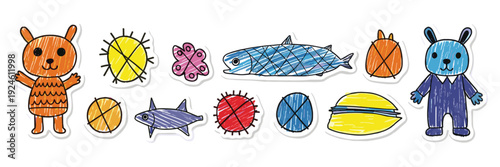 A colorful set of cartoon fish vector illustrations featuring sea nature icons and summer wave patterns for travel logo design and ocean holiday symbols