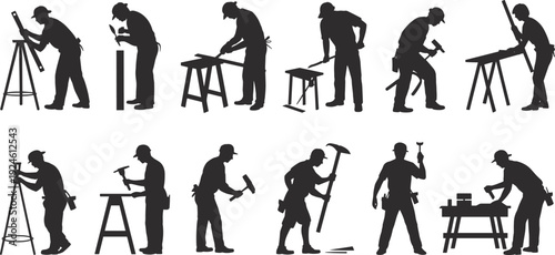 Carpenter worker silhouettes woodworking and hammering poses set, professional construction tradesman with tools isolated on white background, industrial craft illustration
