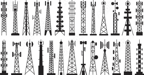 Cellular communication towers silhouettes set, mobile network antenna masts and broadcast transmitters isolated on white background telecom technology concept
