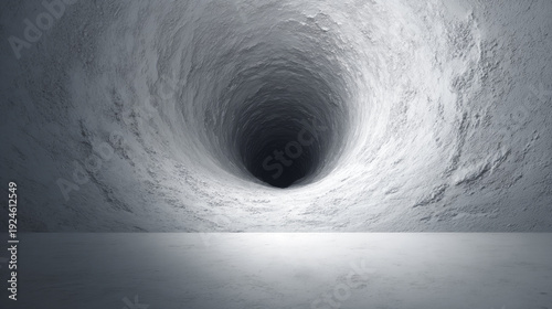 Abstract view of a deep circular hole or tunnel leading into darkness through a rough textured white wall minimalist background design for mystery and void