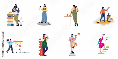 Diverse individuals engaged in digital content creation, videography, photography, and online communication activities, showcasing various modern media roles.