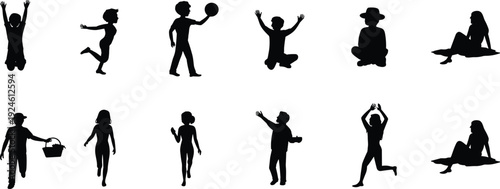 Children playing silhouettes set, boys and girls jumping running and sitting poses isolated on white background, happy childhood illustration bundle