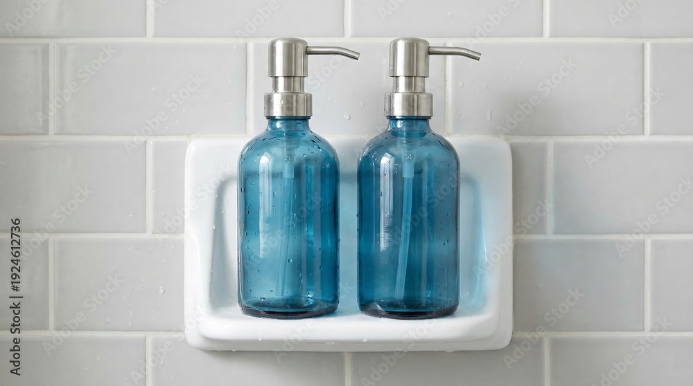 Obraz premium Two blue glass soap dispensers on a white tray