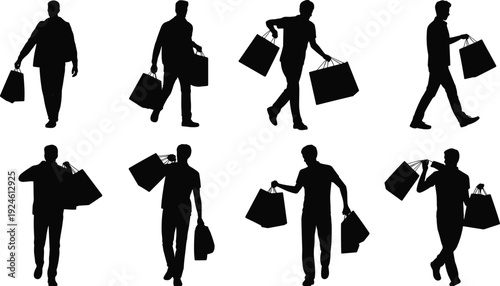 Collection of shopping man silhouettes carrying bags, stylish male customers walking isolated on white background, retail sale vector illustration set