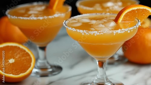 Wallpaper Mural Close-up of cocktails with orange slices and salt rims, on marble with oranges Torontodigital.ca