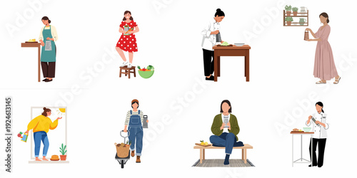 Illustrations of women engaged in food preparation, grating fresh ingredients such as cheese, vegetables, and lemons, depicting cooking, healthy eating, and home kitchen tasks.