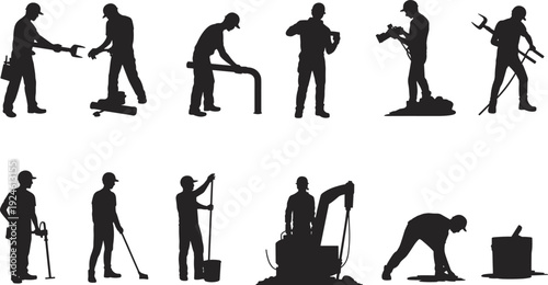 Construction and industrial worker silhouettes set, maintenance repair and engineering labor poses collection isolated on white background illustration