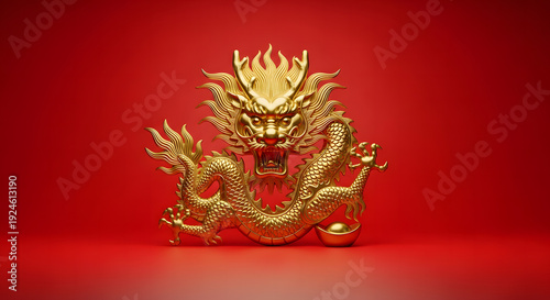 Golden Chinese dragon statue with intricate scales and horns on