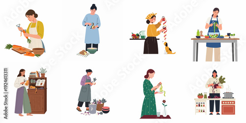 Diverse women engaged in food preparation, peeling and chopping various fresh fruits and vegetables in different kitchen settings, promoting healthy cooking.