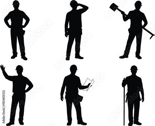 Construction worker silhouettes set with tools and blueprint, professional builders isolated on white background, industrial labor vector illustration collection