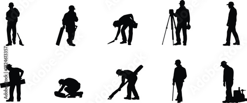 Construction worker silhouettes set with surveying and repair tools isolated on white background building industry labor concept