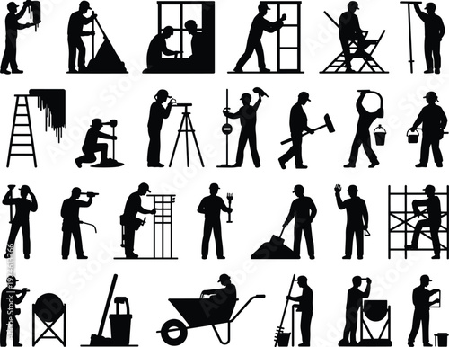 Construction worker silhouettes set with tools and equipment, builders painting drilling measuring isolated on white background industry labor concept