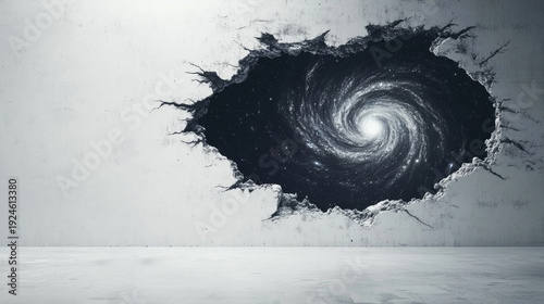 Jagged hole in a white concrete wall revealing a glowing spiral galaxy and bright stars in the deep universe, representing a portal to another dimension and cosmic discovery.
