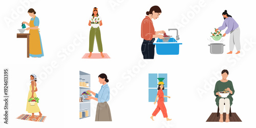 Diverse women engage in various healthy food preparation activities, from washing fresh produce and cooking to storing and carrying harvest.