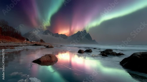 Wallpaper Mural Coastal scene with aurora borealis illuminating the sky over snowy mountains and a calm, reflective sea Torontodigital.ca