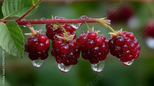 Wallpaper Mural Close-up of ripe, red berries on a branch with water droplets, against a soft green background Torontodigital.ca