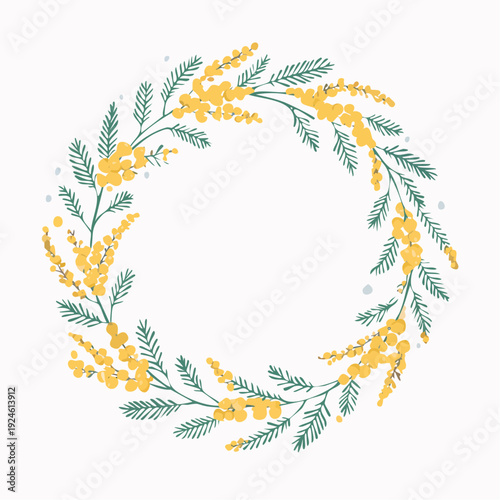 ミモザの黄色い花と緑の葉のボタニカル円形フレーム