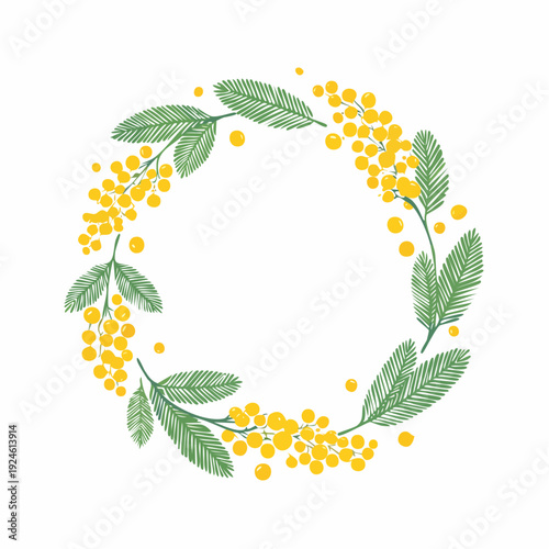 ミモザの黄色い花と緑の葉のボタニカル円形フレーム