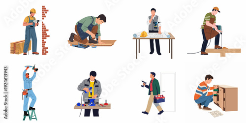 Collection of illustrations showcasing various male workers performing construction, carpentry, and home improvement tasks with different types of drills and tools.