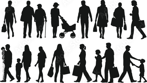 Family and shopping people silhouettes set, parents with children walking carrying bags and stroller isolated on white background illustration