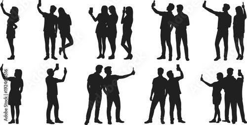 Group of friends taking selfie silhouettes set, young people posing with smartphones isolated on white background, social media lifestyle illustration