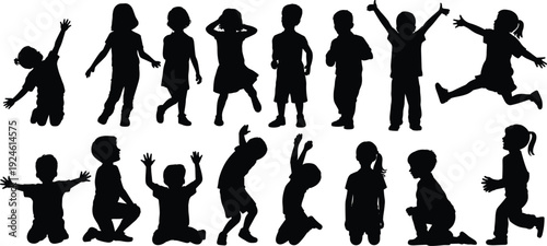 Happy children silhouettes jumping and playing, kids celebrating isolated on white background childhood joy freedom concept