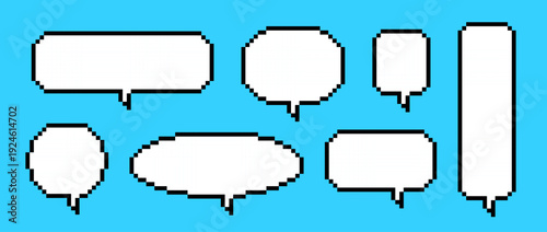 Empty pixel text boxes. Seven pixelated chat frame collection. Retro 8 bit border shape pack for speach box bubble, message cloud, communication dialog, talk balloon. Vector illustration bundle