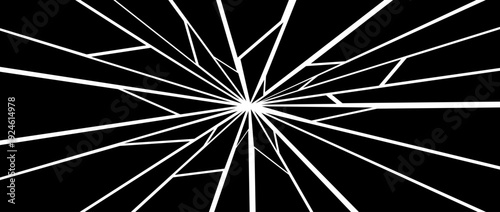 Black grunge broken texture. Damaged shattered glass effect background. Radial cracked lines explosion pattern. Fractured triangle fragments, pieces, shatters concept. Vector debris illustration