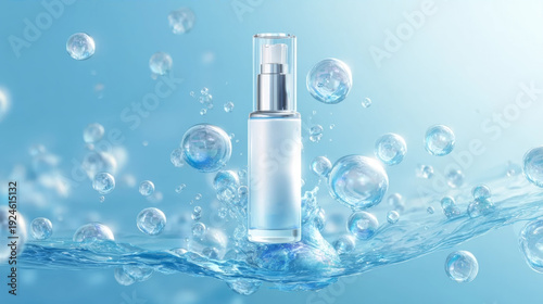 3D mockup of a white cosmetic spray bottle on a dynamic water splash with floating bubbles and blue background