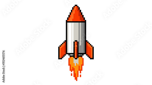Pixel Art Rocket Launching Icon - Retro 8-bit Spaceship Taking Off with Fire for Gaming, Startup & Progress