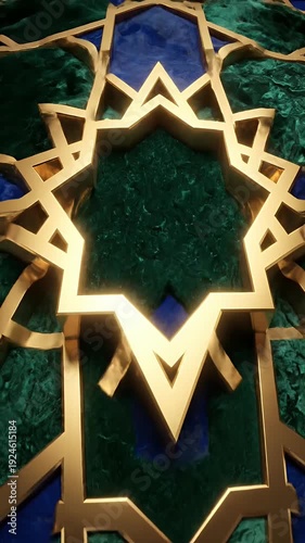 Golden Geometric Arabesque Pattern Loop Blue Green Marble Texture