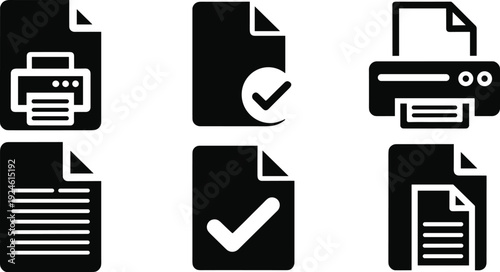 Set of document and printer icons, file print checklist symbols isolated on white background, office paperwork vector illustration collection