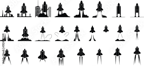 Space shuttle launch silhouettes set, rocket liftoff and landing stages collection isolated on white background, aerospace exploration illustration bundle
