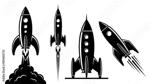 Rocket Launch and Flight Icons Set. Retro Spaceship Symbols for Startup, Innovation, Success, and Space Exploration. Vector Illustrations.