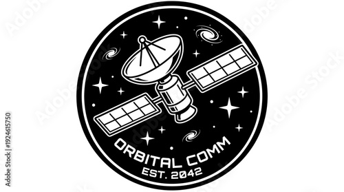 Vintage Orbital Comm Satellite Logo: Retro Space Communication Emblem with Stars, Galaxies & 'Est. 2042'