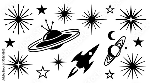 Retro Space Icons Set: Stars, UFO, Rocket, Planets & Moon. Mid-Century Modern Celestial Elements for Design
