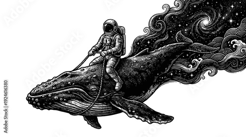 Astronaut Riding Cosmic Whale: Surreal Engraving of Space, Ocean & Stars
