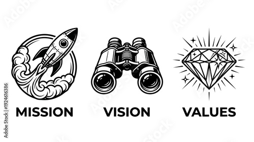 Mission Vision Values Icons Set. Core Business Principles with Rocket, Binoculars, and Diamond Symbols for Corporate Strategy and Ethics.